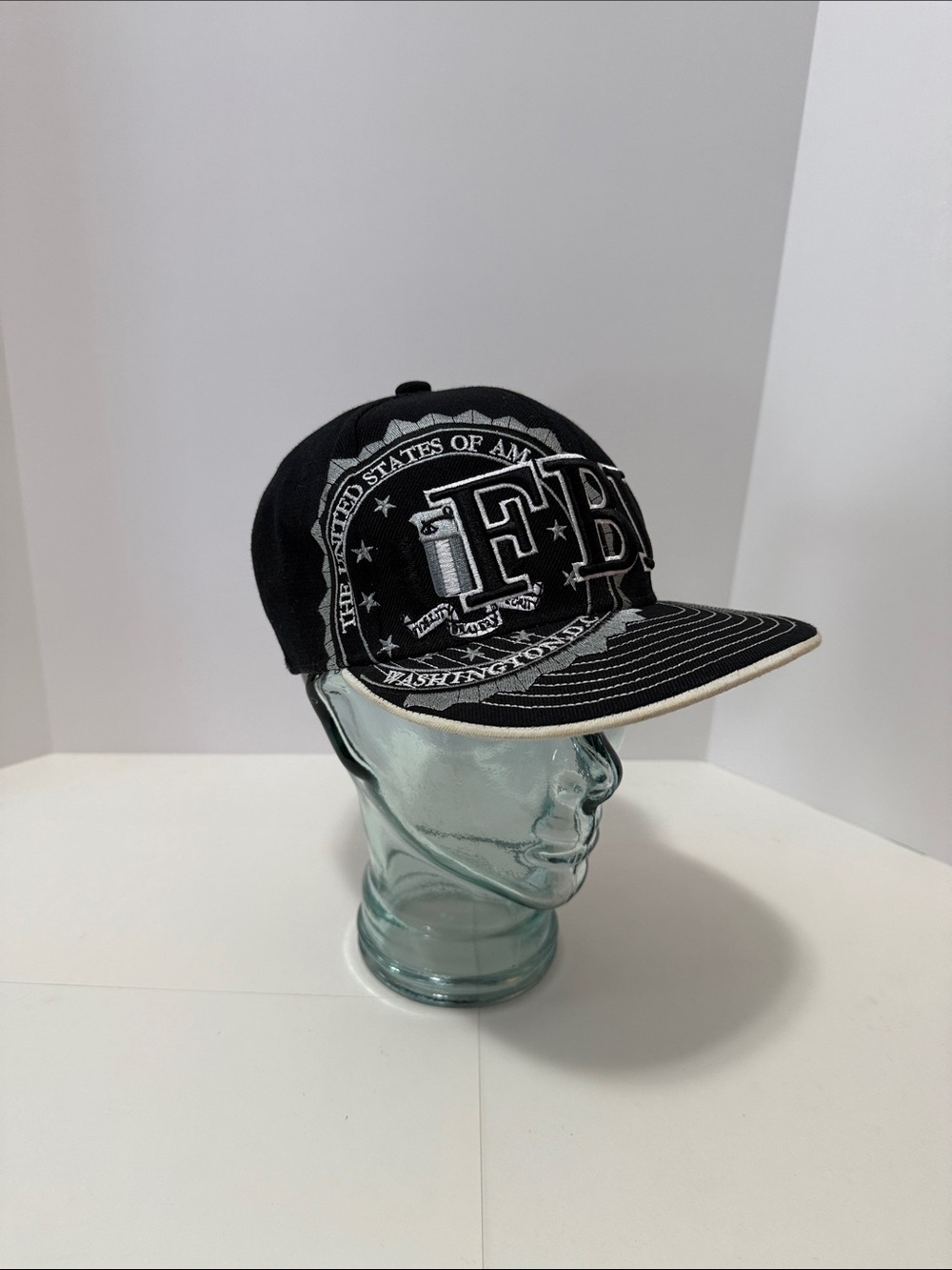 Black FBI Embroidered Snapback Hat with White Trim